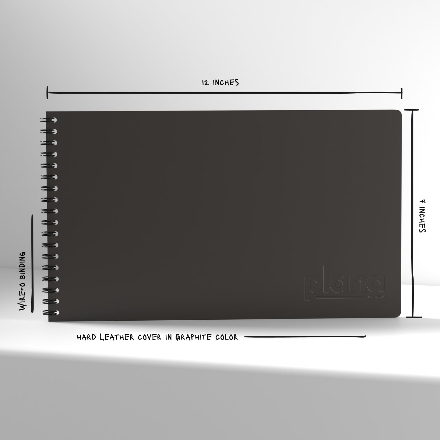 Plana Pro Graphite with dimensions and material details on a white background