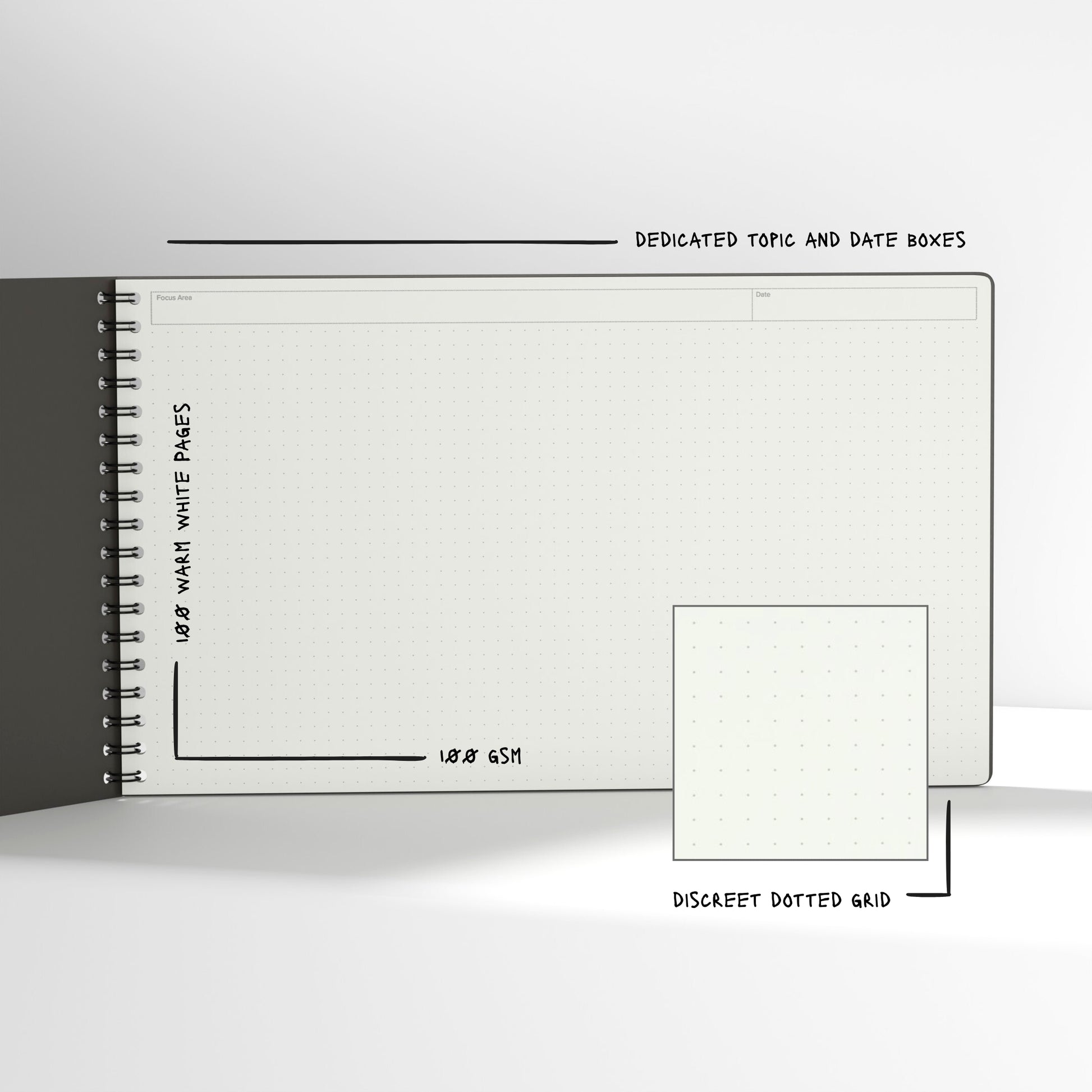 Plana Pro notebook with spiral binding and text on a white background