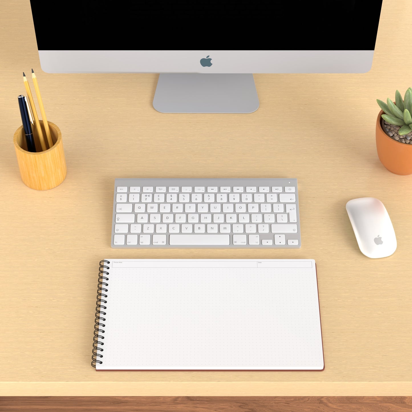 Plana Pro opened on a wooden desk with computer, pen holder, and plant