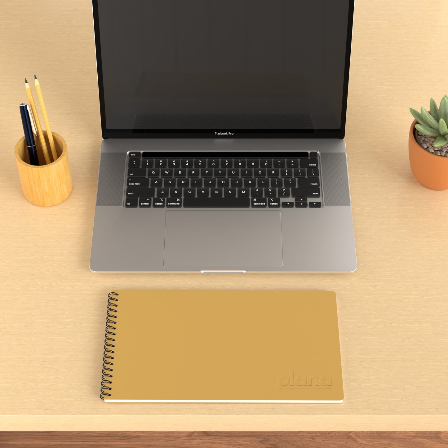 Plana Flex Paloma on a wooden desk with a laptop, pen holder, and plant