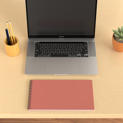 Plana Flex Watermelon on a desk on a wooden desk with a laptop, pen holder, and plant
