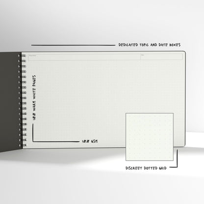 Plana Pro notebook with spiral binding and text on a white background